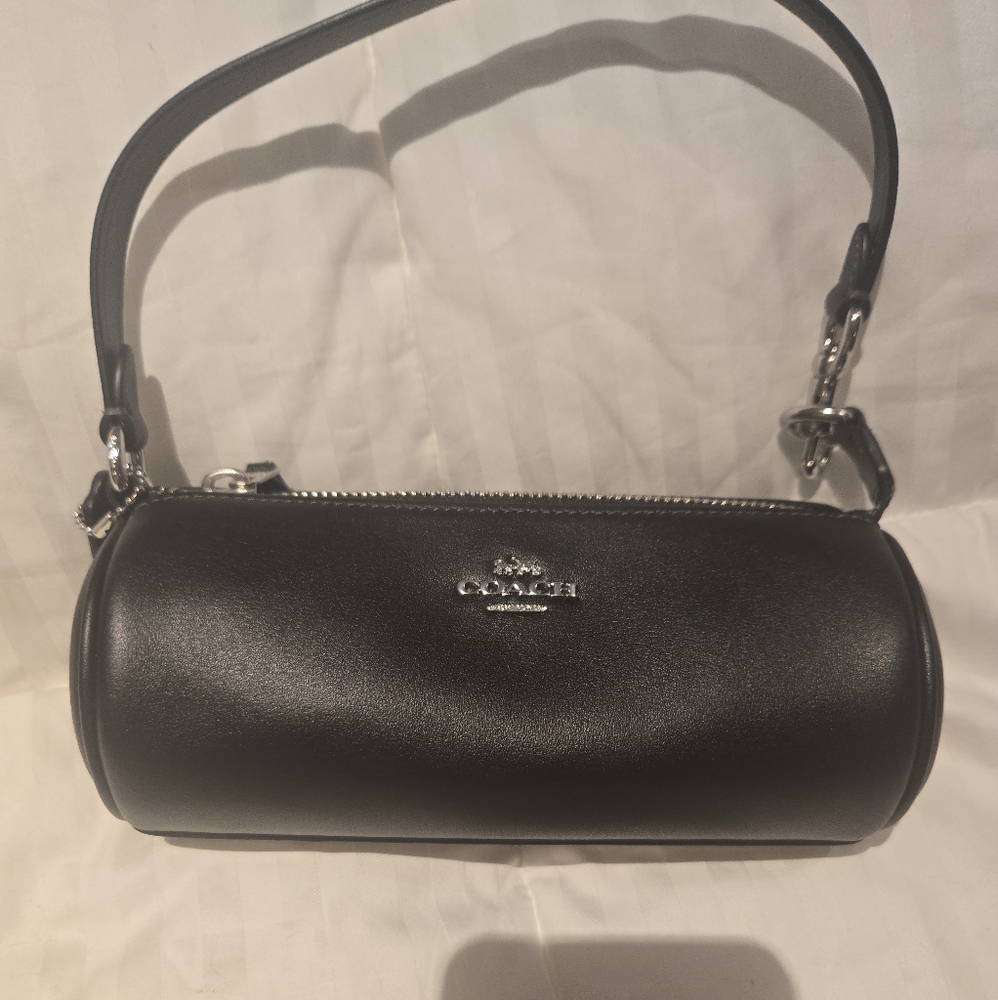 Coach Black Leather Barrel Bag with Silver Hardware